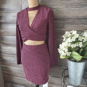 Ark & Co The Room Botique Burgundy Sparkle Glitter Cut Out Dress One Piece